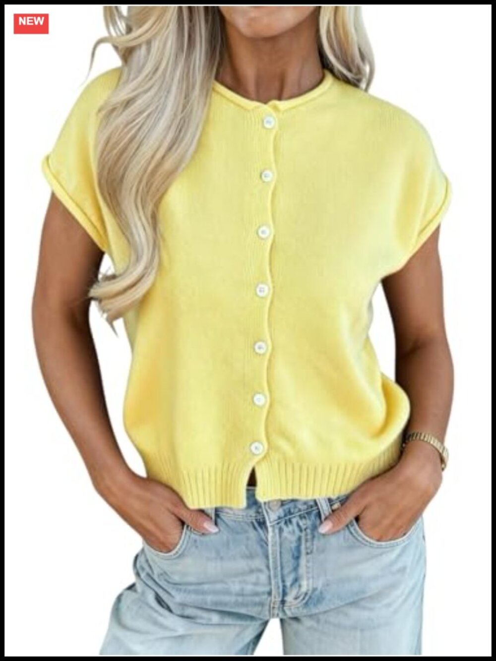Women's Lightweight Knit Cardigan with Button Front, Cap Sleeves